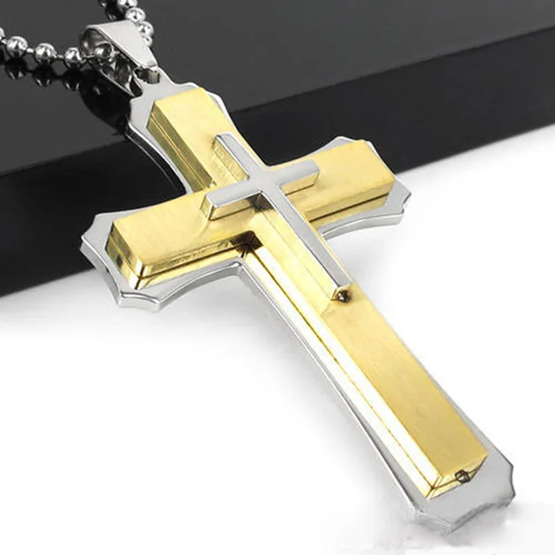 

Luxury Gold Stainless Steel Male Cross Necklace Men's Fadeless Pendant Prayer Jewelry Gift