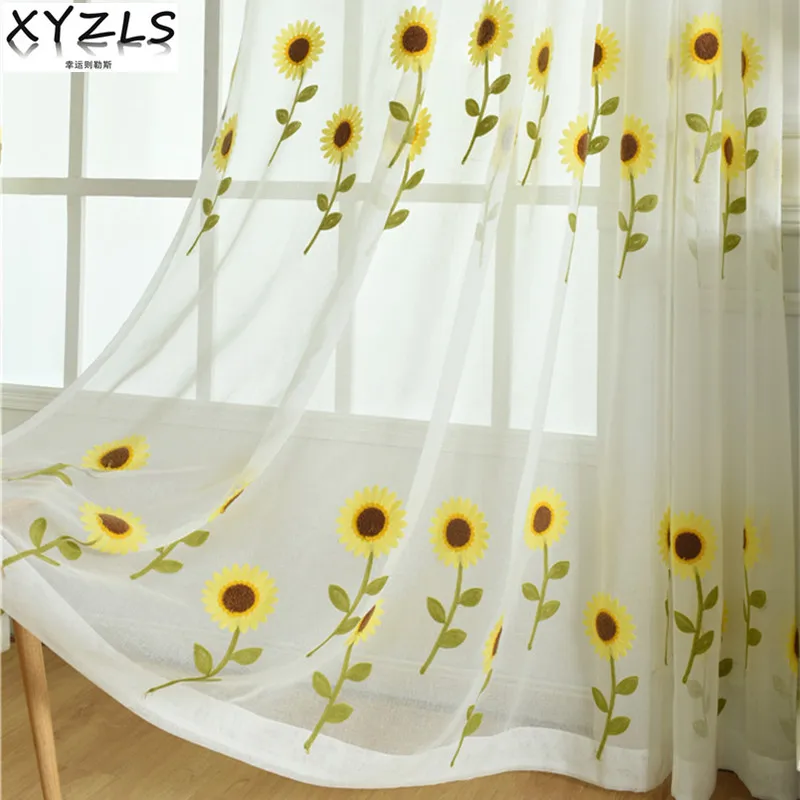 XYZLS Brand New Sunflower Embroidered Tulle Curtains For Kitchen