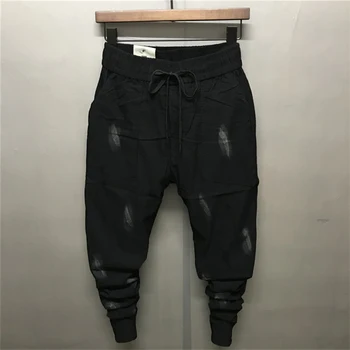 

2018 Summer New Black Feathers Print Men's Pencil Pants Elastic Cotton Linen Ankle-Length Causal Harem Trousers Middle Waist Boy