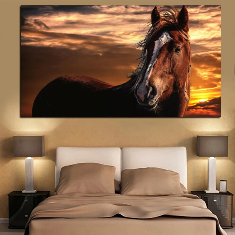 

YWDECOR Brown Horse on Face Standing Sunset Landscape Animals Oil Painting HD Print on Canvas Posters Wall Picture Cuadros Decor
