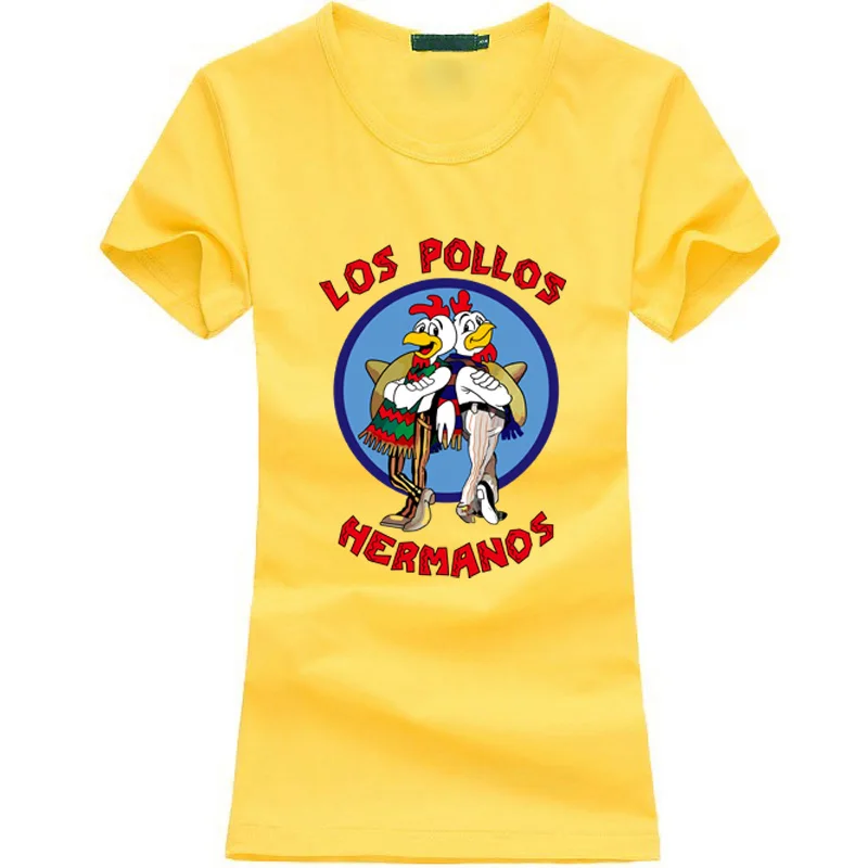 Breaking Bad, женская футболка,, LOS POLLOS, с принтом, Забавные топы для леди, куриные братья, модная, панк, harajuku, Брендовая женская футболка - Цвет: Цвет: желтый