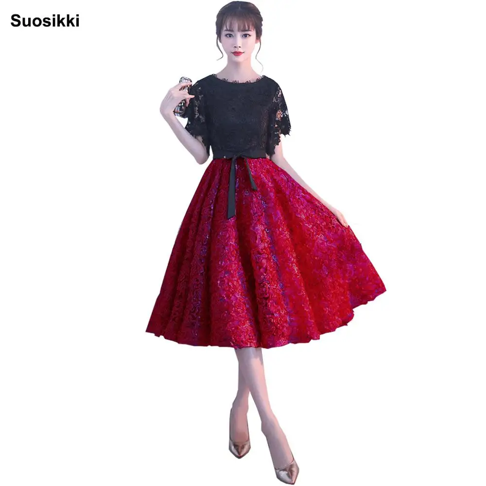 Suosikki/Новинка года; вечернее платье черного цвета с кружевом цвета хаки длиной до середины икры; Длинные вечерние платья на выпускной - Цвет: Красный
