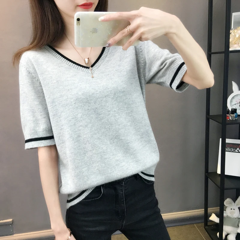 

BELIARST Summer Thin Sweater Women's V-neck Solid Color Knitted Short-sleeved Loose Casual Hit Color Bottoming Shirt Pullover
