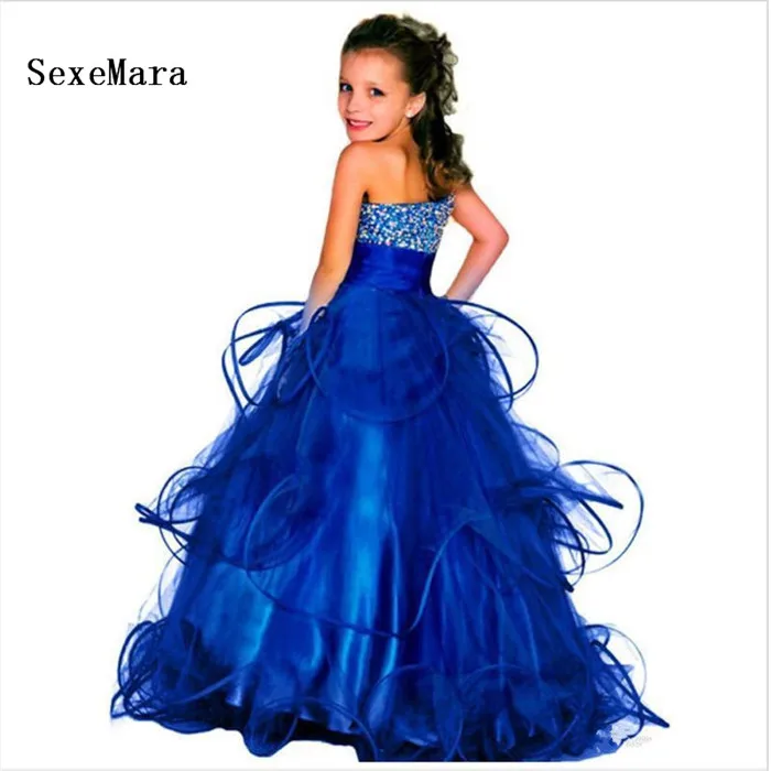 Элегантный насыщенного синего цвета 2019 блестящее платье для девочек бисер кристаллы пышная органза Платье на день рождения Дети пышное