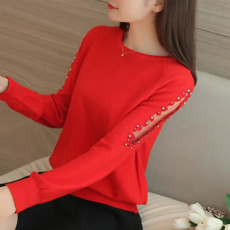 2017 New women sweater Fashion spring Autumn Hollow out Lace Beading long warm loose sweaters women Knitted pullover sweaters