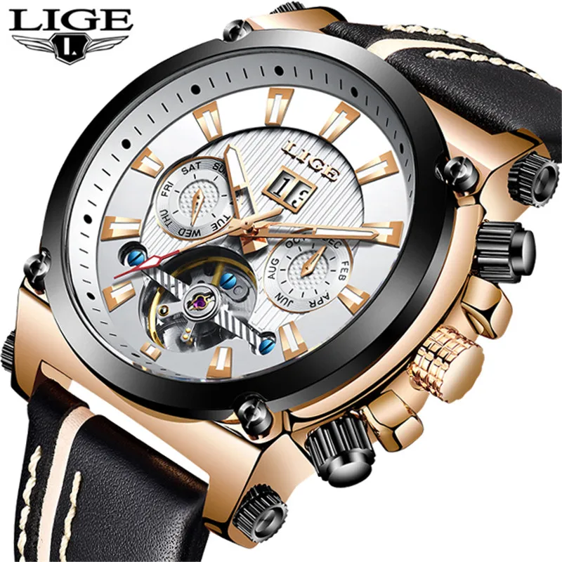 

2019 New LIGE Fashion Leather Automatic Mechanical Watch Men Military Waterproof Watch Men Sport Mechanical Clock Montre Homme