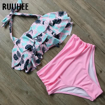 

RUUHEE Bikini Ruffle Swimsuit Swimwear Women Halter Bikinis Set High Waist Bathing Suit Push Up Beach Wear Padded Swimming Suit