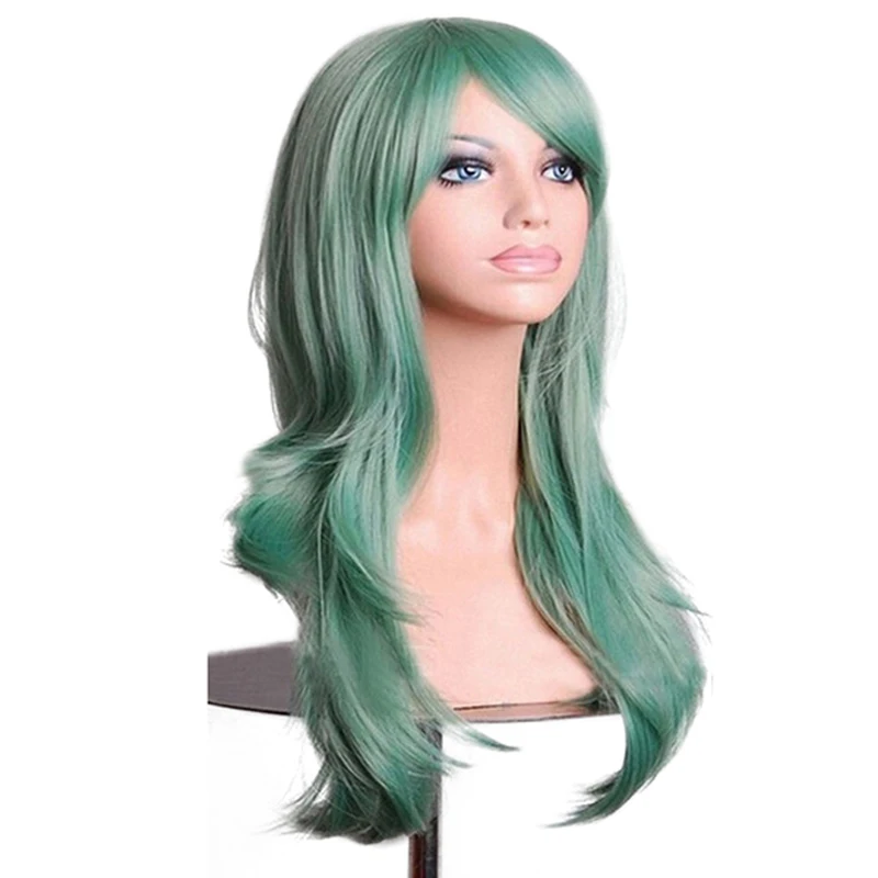 Soowee 70cm Long Curly Green Wig Heat Resistant Fiber Synthetic Hair