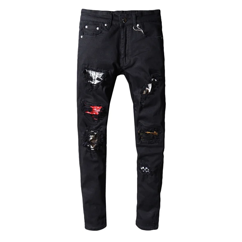 Fashion Streetwear Men Jeans Black Color Patches Designer Ripped Jeans Men Destroyed Slim Fit Hip Hop 3