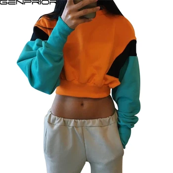 

GENPRIOR Women New Pattern Fashion Navel Short Pullover Sweat Warm Candy Color Long Sleeve Sexy Female Hoodies Top 2018 Spring