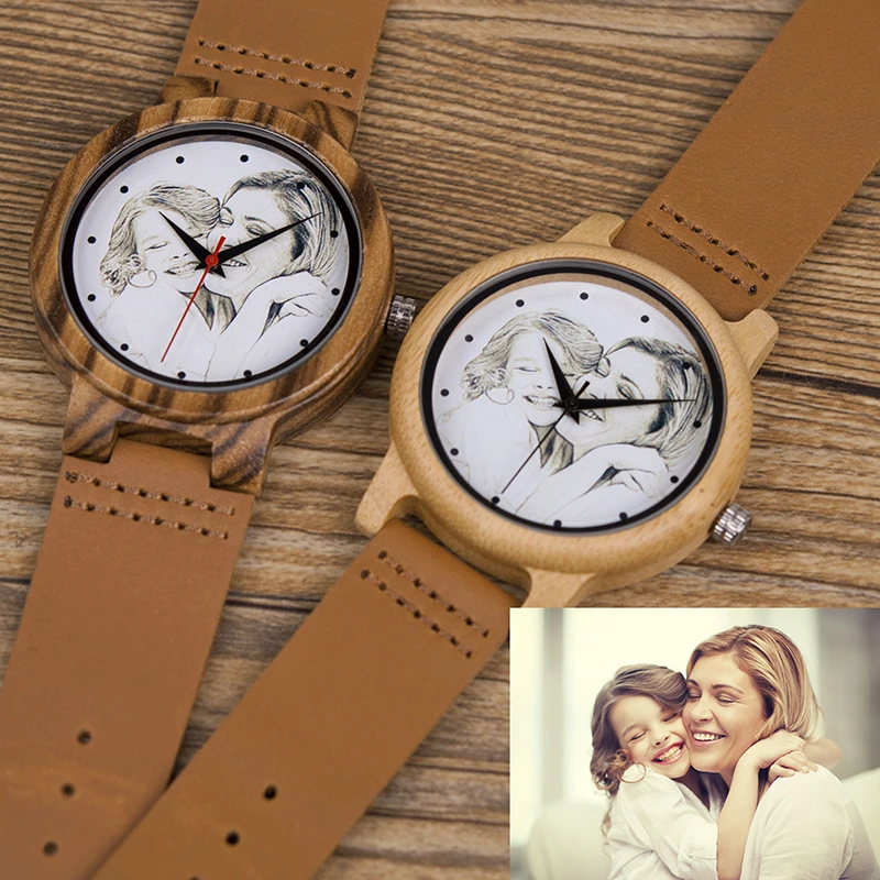 Custom Brand Your Own Photo Watch Unique Bamboo Wood Leather Causal Quartz Men Watches Customized Logo Birthday Gift For Lovers