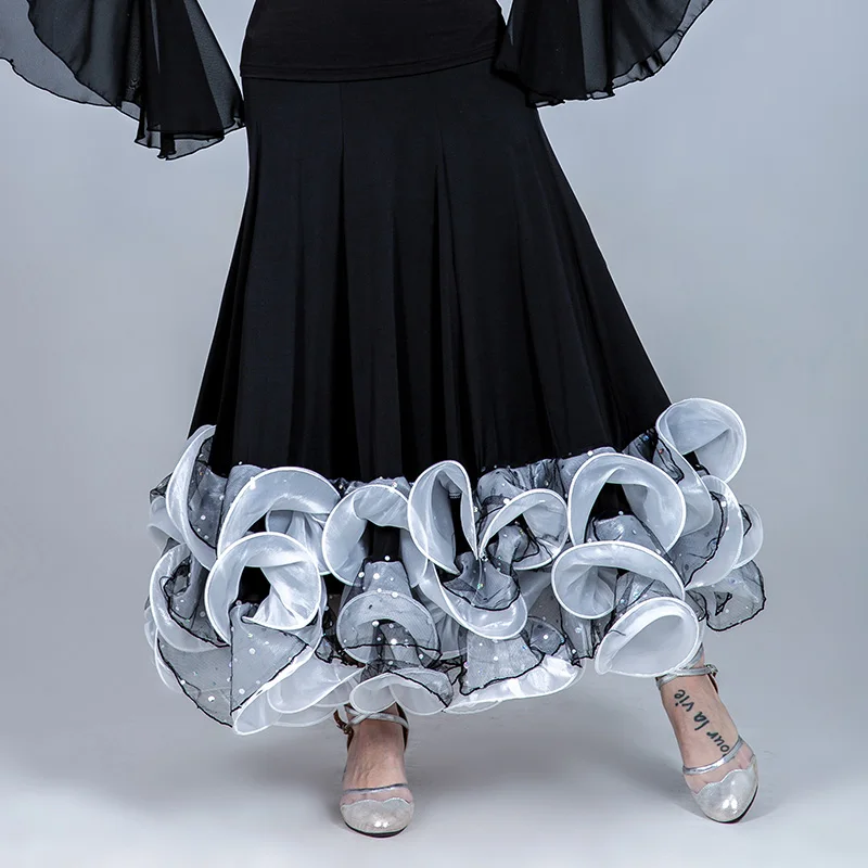 White Skirt Праздничная одежда для женщин, черный топ, бальное платье для танцев, Цветочная юбка, вальс, стандартные платья для конкурса бальных танцев BL1515 - Цвет: White Skirt
