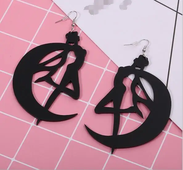 

2017 new fashion black acrylic moon girl drop earrings for women girl jewelry cartoon simple style dancing girl earrings