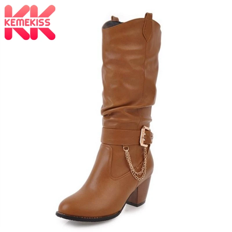 

KemeKiss Plus Sizes 33-47 Women's Shoes High Heel Boots Woman Fashion High Heels Woman Boot Western Boots Chains Winter Shoes