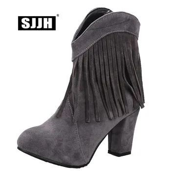 

SJJH Women Nubuck Ankle Boots with Round Toe Chunky Fringe Suede Short Martin Boots Fashion Sweet Roman Shoes Large Size Q368
