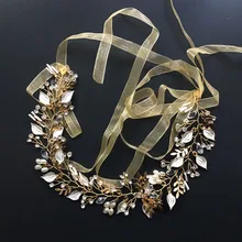 SLBRIDAL ленты ручной работы с кристаллами и жемчугом цветок лист свадебная тиара свадебное украшение для волос повязка на голову аксессуары для волос подружки невесты ювелирные изделия