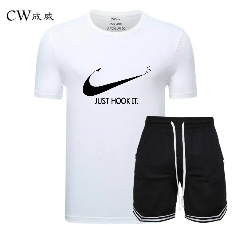 

2019 T Shirt+Shorts Sets Men JUST HOOK IT Brand clothing 2 piece suit tracksuit Fashion Casual Tshirts Gyms Workout Fitness Sets
