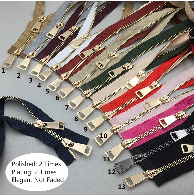 5 High Quality Elegant Polished Copper Colorful Metal Zipper Not Faded