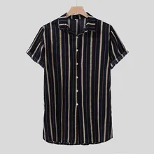 Мужские летние свободные пуговицы в этническом винтажном стиле с принтом в полоску, Повседневная рубашка