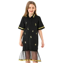 2019 Teen Girls Black Shirt Dress Letters Printed Children's Summer Shirts Long Style Turndown Collar T shirt For Kids 56789 10 turndown collar tartan print shirt