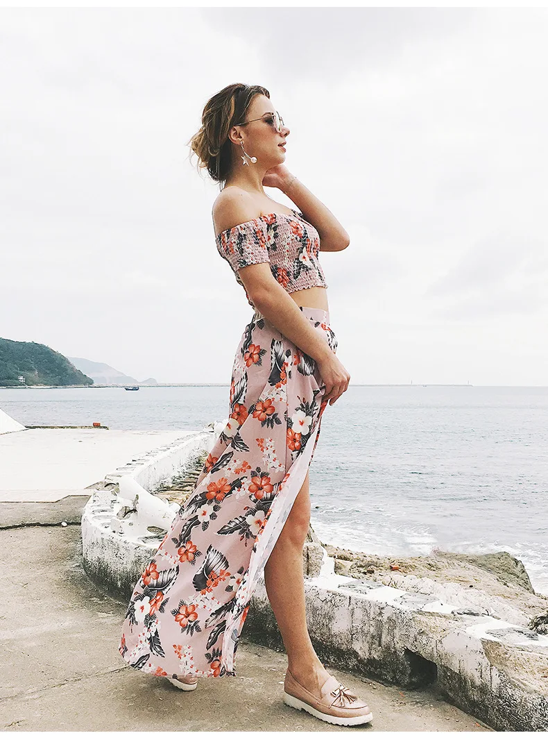 Danjeaner Off Shoulder Floral Print Summer Maxi Dress Plus Size Women Two Piece Set Beach Dress Female Sexy Split Boho Dresses