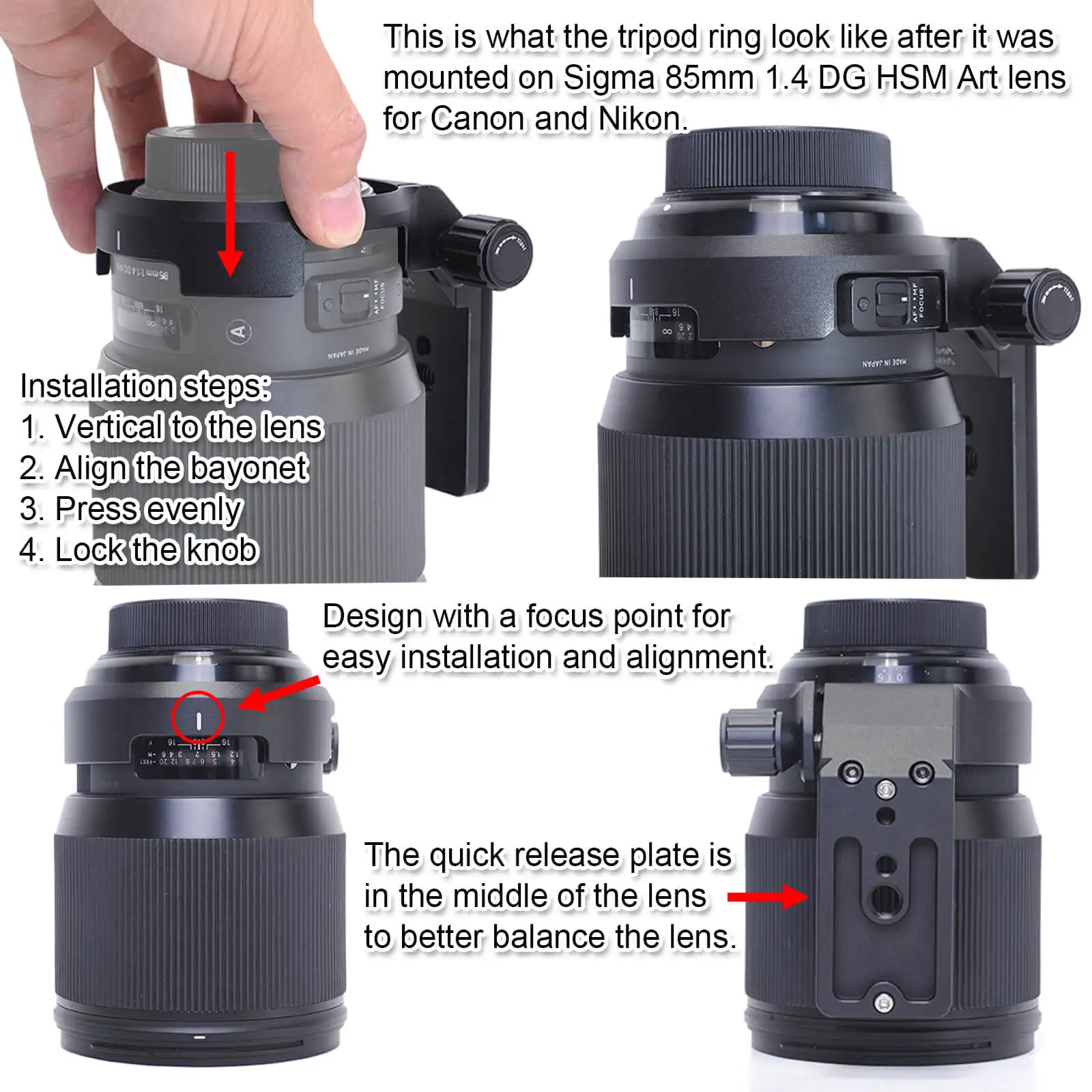 Tripod Mount Ring Lens Collar with Quick Release Plate for Sigma 85mm f/1.4 DG HSM Art Lens (for Canon EF, Nikon AF, Sony E)