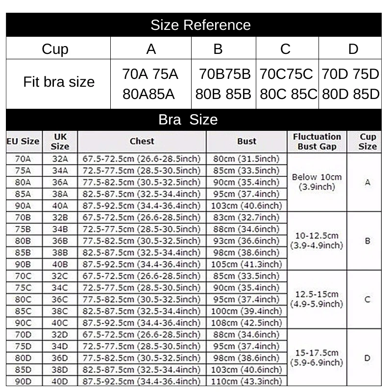 size table for bra