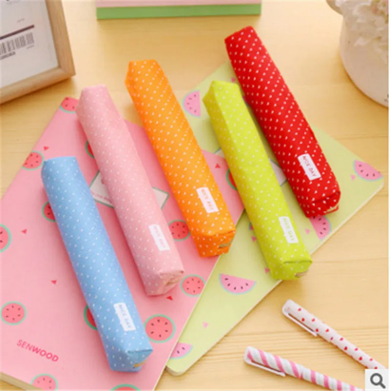 

Cute Candy Color Pencil Case Kawaii Dot Canvas Pen Bag Stationery Pouch for Girls Gift Office School Supplies
