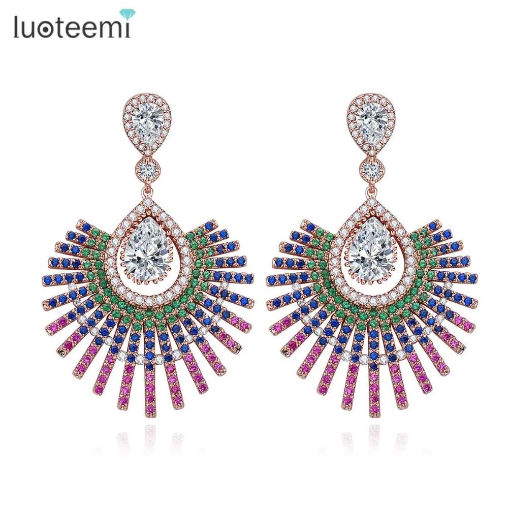 LUOTEEMI Fashion Bohemia Style Big Pendant Earrings Exaggerated Atmosphere Micro Paved Multi CZ Brincos for Women Party Jewelry | Украшения