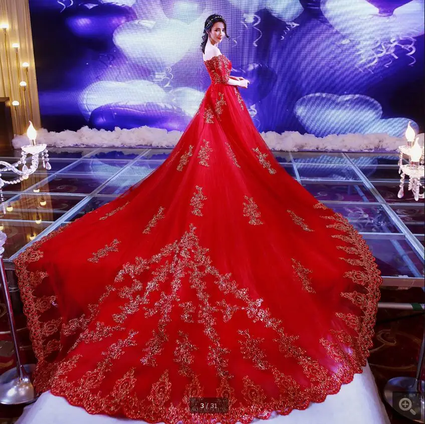 2017 Vestido Де Novia бальное платье красный свадебное платье роскошь с царский поезд половина рукава sexy свадебные платья мантия де mariage