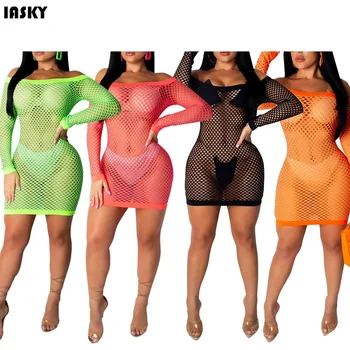

IASKY 2019 New candy color Bikini Cover up Hollow out women swimsuit swimwear cover ups long sleeve off shoulder Beach Dress