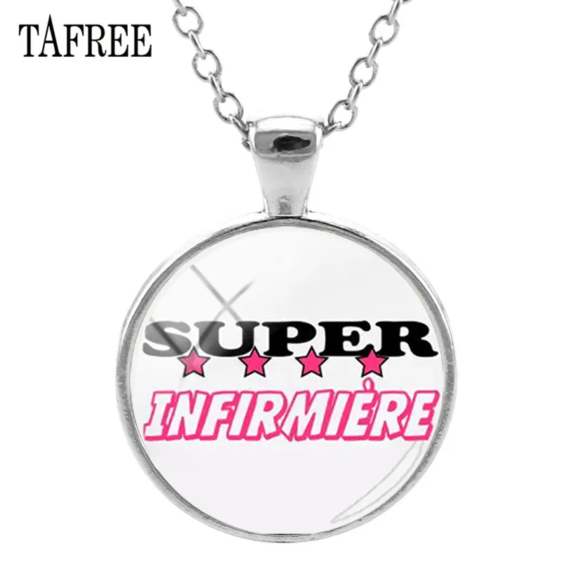 TAFREE New Super Infirmiere Nurse Pendants Necklaces Glass Cabochon Charm Chain Necklace Statement French Letter Jewelry SI16 | Украшения и