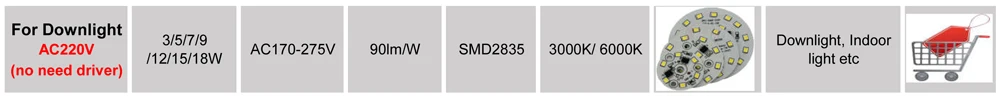 AC 220 V светильники светодиодные pcb smd2835 integrated IC драйвер, 18 w 15 w 12 w 9 w 7 w 5 w 3 w для вниз свет Diy