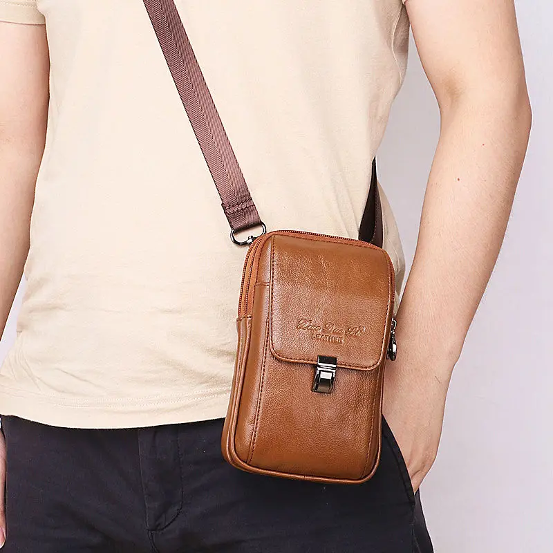 Men Genuine Leather Flap Solid Color Multifunction Crossbody Phone Pouch High Quality  Mobile Phone Credit Card Storage Bags