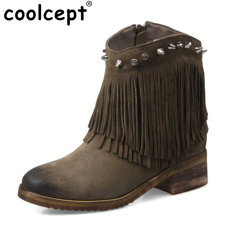 Coolcept Winter Ankle Boots High Heel Fringe Boot Women Fashion Gladiator Tassel Rivets Botas De Inverno Size 33-43 N00024