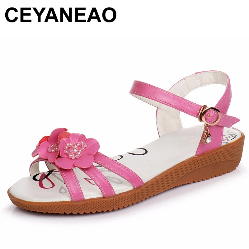 

CEYANEAO Genuine leather women sandals summer flower ankle wrap flat sandals fashion ladies footwear shoes large size 34-43E1866