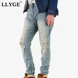 LLYGE хип хоп мото байкер Мужские джинсы брюки для колен отверстие тонкий Fit черные брюки для мужчин s 2019 летние уличные длинные брюки