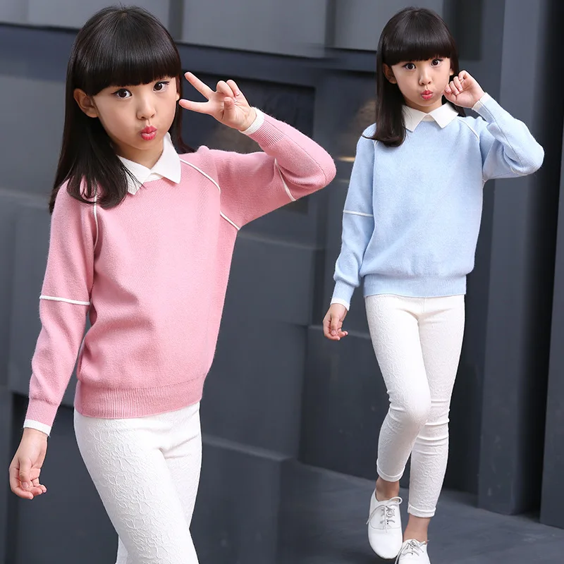 

Girls Thicken Sweater 2018 New Winter Girls Pink Shirt Collar Knit Bottoming shirt Fashion Elegant Girl sweater