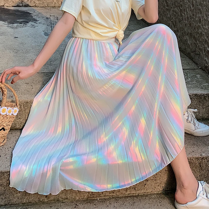 

HAMALIEL High Street Women Pleated Skirt Summer Fashion Rainbow Gradual Gloss Holiday Long Skirts Runway Elastic Waist Skirts