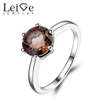 

Leige Jewelry Natural Smoky Quartz Rings Round Cut Gemstone Wedding Engagement Solitaire Ring Sterling Silver 925 Jewelry