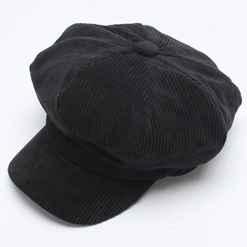 Женский вельветовый берет восьмиугольная шапка художника, Мужская кепка газетчика, берет, Женские винтажные зимние шапки для женщин, плоская кепка - Цвет: black