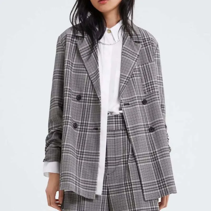 Vintage Double-breasted Checkered Blazer Women Long Office Lady Suit Coat 2019 Spring Autumn Jacket Women with Sashes AO932 Vintage Double-breasted Checkered Blazer Women Long Office Lady Suit Coat 2019 Spring Autumn Jacket Women with Sashes AO932