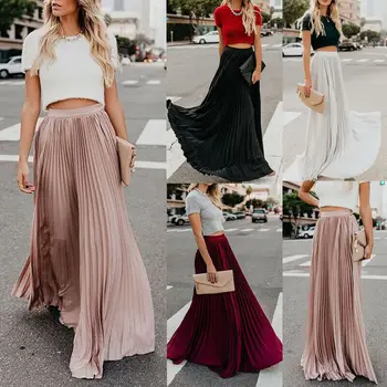 

Hirigin 2019 Women Chiffon Long Maxi High Waist Summer Pleated Beach Skirt
