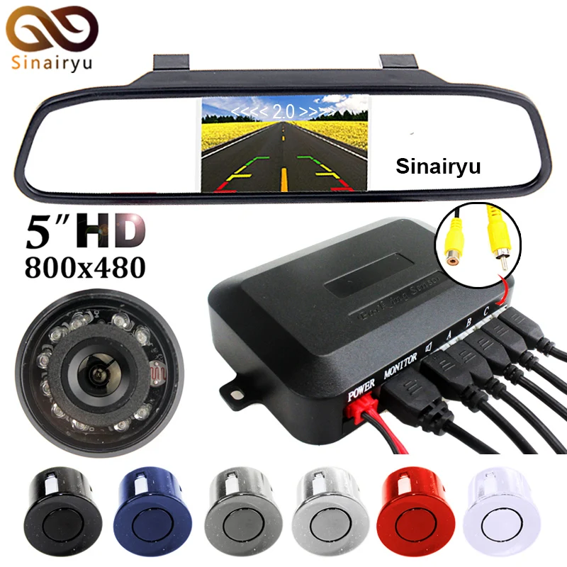 

Sinairyu Car Parking Video Radar Sensor Detector Alarm System + 5" HD 800*480 Rearview Mirror Monitor + 10 LEDs IR Backup Camera
