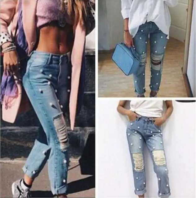 Newest Women Beaded Jeans Pants Women Knee Hole Ripped Denim Long Pants Fashion Cotton Full Length