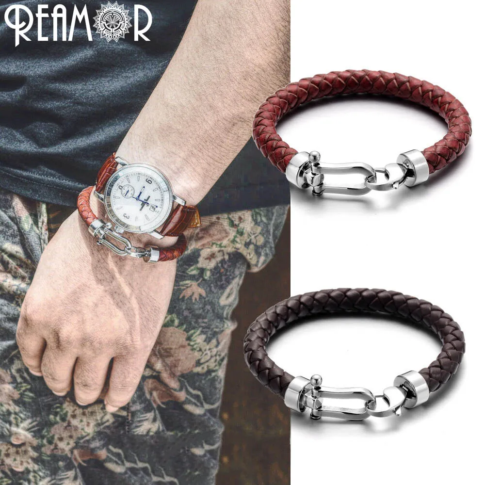 REAMOR Genuine Braided Leather Men Bracelets&Bangles 316l Stainless