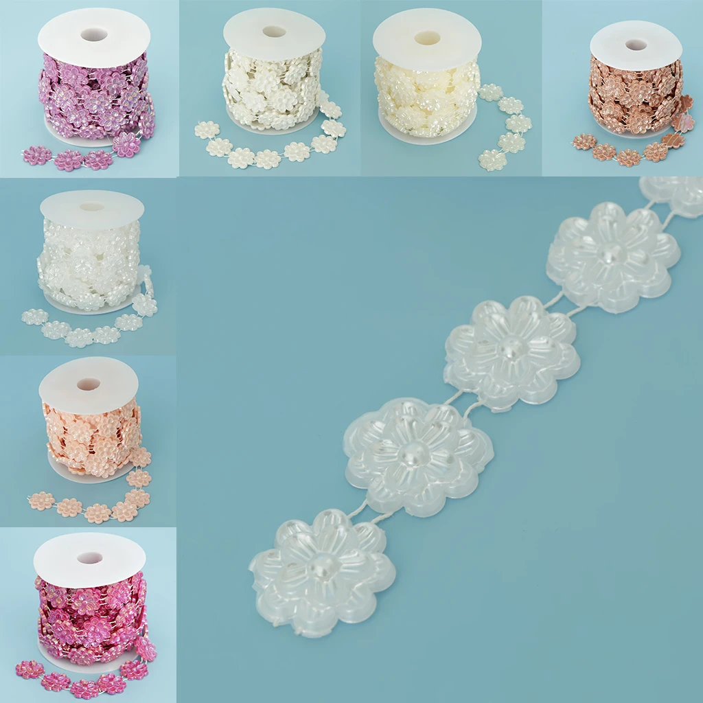 5 yards 25mm Flower Pearl Rhinestone Chain Sew On Trims Wedding Dress Decor