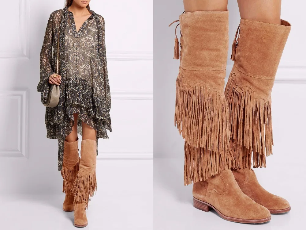 2016 Newest Suede Fringed Over the Knee Boots Fashion Back Lace-up Flat Boots Woman Riding Boots High Quality Boots