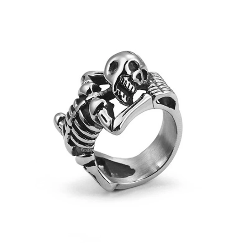 Gothic Stainless Steel Skull Body Rings Man Punk Rock Skeleton Finger Ring Male Big Size 7-12 For Men Jewelry | Украшения и