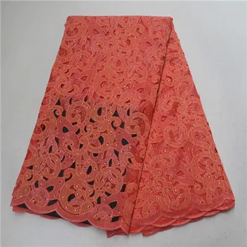 

Classic orange African lace 5 yards/piece embroidered cut-out design French organza lace fabric with exquisite gem party dress